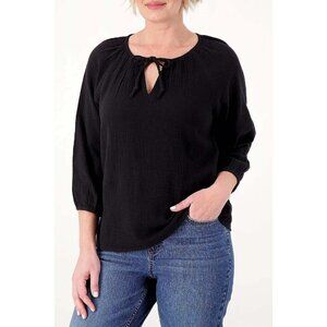 Encore by Idina Menzel Romantic Blouse Size Medium Double Gauze 3/4 Sleeve Black